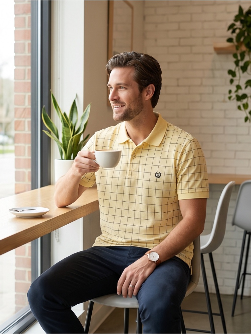 Chaps Men’s XL Yellow Windowpane Check Polo Shirt Short Sleeve Golf Casual